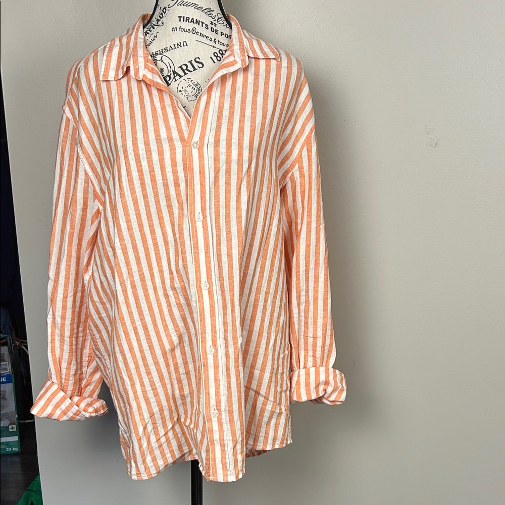 H&M Linen blend Orange White Striped Button Up Shirt Relaxed Summer Top L - Picture 2 of 8